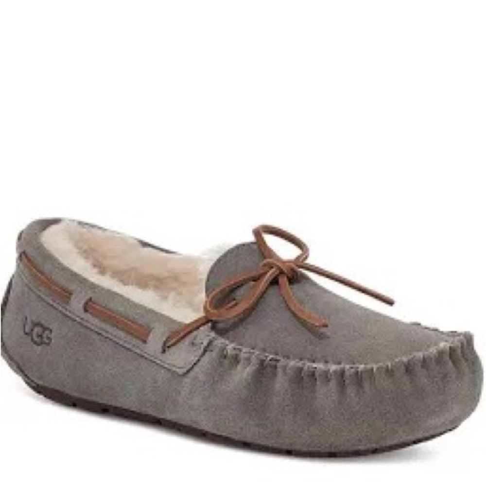 UGG-DAKOTA-Charcoal Gray Suede Slip On Tie Top Sherpa Lined Slippers-Size 6
